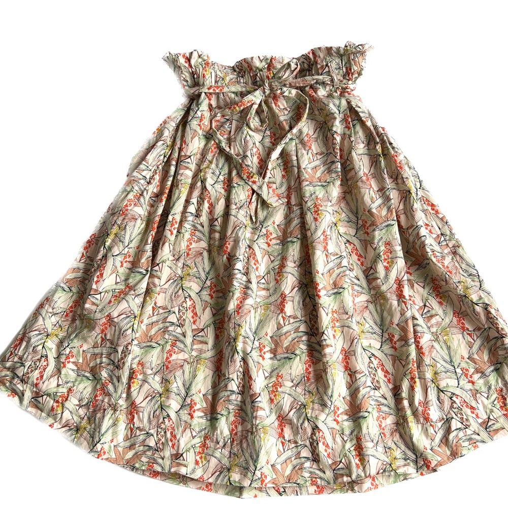 H&M Floral Skirt Size XL Midi Full Belted Green Orange 100% Cotton Pocketst…